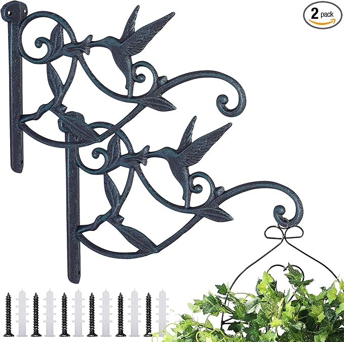 2PCS Plant Hangers Outdoor Heavy Duty Hanging Plant Bracket for Wall Indoor Garden Cast Iron Hummingbird Feeder Hooks Decorative Plant Hooks, Greenish