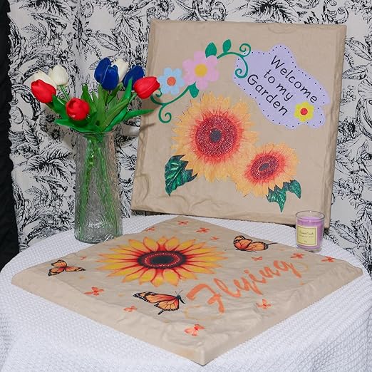 4Pcs Square Sunflower Stepping Stone Outdoor Garden Walkway, Durable Plastic Pavers for Patio, Pathway, and Landscaping, Weatherproof Stepping Stones with Ground Stakes for Easy Installation