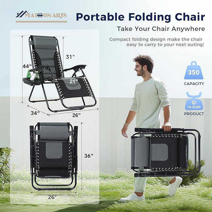 MAISON ARTS Padded Zero Gravity Lawn Chairs Set of 2 Foldable Recliner Anti Gravity Lounge Chairs w/Pillow & Cup Holder Outdoor Camp Chairs for Poolside Backyard Beach Support 350LBS Grey