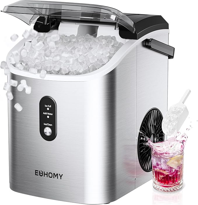 EUHOMY Nugget Ice Maker Countertop with Handle, Ready in 6 Mins, 34lbs Per Day, Removable Top Cover, Auto-Cleaning, Portable Sonic Ice Maker with Basket and Scoop, for Home/Party/RV/Camping (Silver)