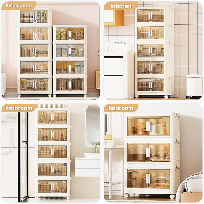 Holaki 117 QT Storage Bins with Lid, 3 Tier Collapsible Closet Organizers and Stackable Plastic Storage Bins Cabinet with Wheels and Magnetic Door (White)