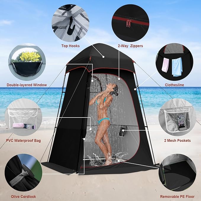 Camping Shower Tent, 7.9 FT Extra Tall Oversize Privacy Tent, Portable Outdoor Bathroom Toilet Tent with Floor, Easy Set Up Privacy Shelter for Dressing, Hiking, Fishing, UPF50+