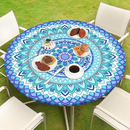 Round Tablecloth Fitted Elastic Table Cover Waterproof Table Cloth for Dinner, Party, Picnic,Camping, Round Table Cover for Indoor Outdoor