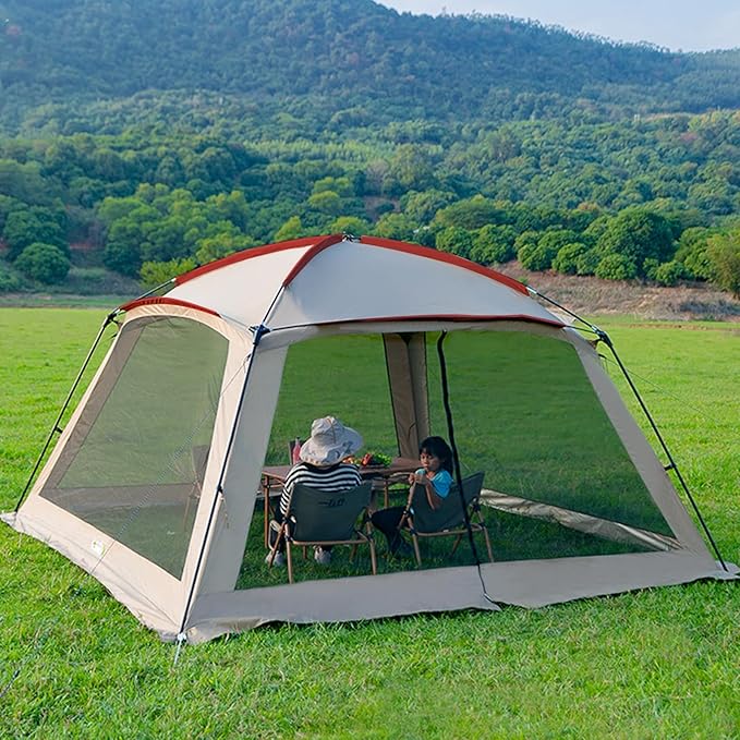 12x12 Ft Screen House Tent - Instant Pop Up Mesh Canopy Shelter with Waterproof & Sunshade Roof, Easy Setup for Camping, Backyard, Beach, Picnic, Red White