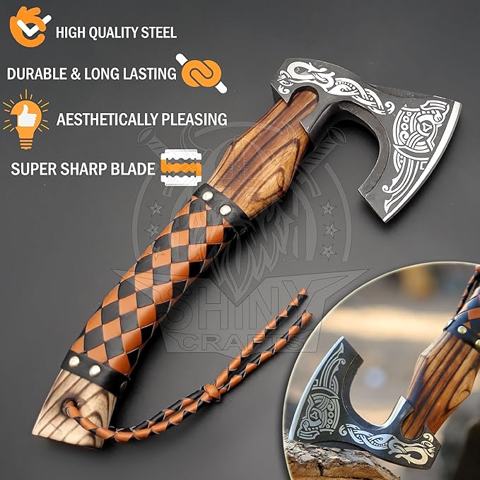 SHINY CRAFTS Viking Axe - Handmade Hatchet Norse Valhalla Runic Carbon Steel Head Engraved Handle Wolf Camp Axe With Genuine Leather Sheath & Wrap (SCA 03)