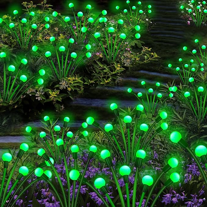 Kohlrabi Solar Garden Lights Outdoor, 4 Pack 40 LED Solar Green Firefly Lights Waterproof, Starburst Wind Swaying Light for Outside Yard Patio Planter Flower Bed Walkway Christmas Decoration