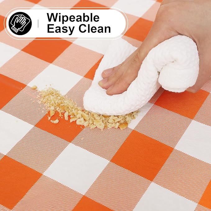 misaya Rectangle Waterproof Vinyl Table Cloth, Buffalo Flannel Backed Tablecloth, Wipeable Plastic Table Cover for Dinner, Kitchen, Picnic (60" x 120", Orange and White)