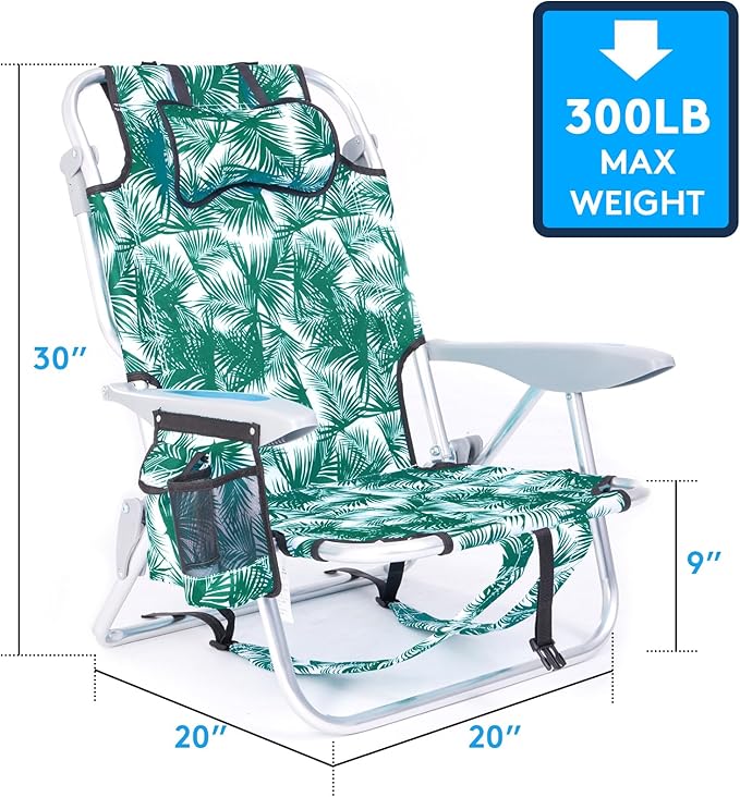 2 Pack Lightweight Portable Camping Beach Chair for Adults, Outdoor Lay Flat Folding Beach Chairs with 4 Positions, Backpack Beach Chair with Towel Bar, Cooler Pouch, Cup Holder, Green Leaves