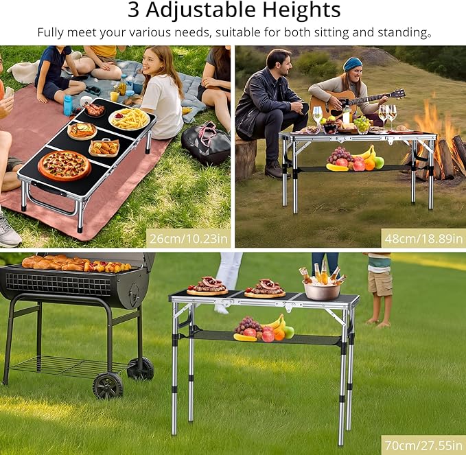 Folding Camping Table with Storage Net, 3ft Camping Table Aluminum Folding Table with 3 Adjustable Height Max 27.1 Inch Picnic Table Portable Table for Outdoor Backyard BBQ, Black