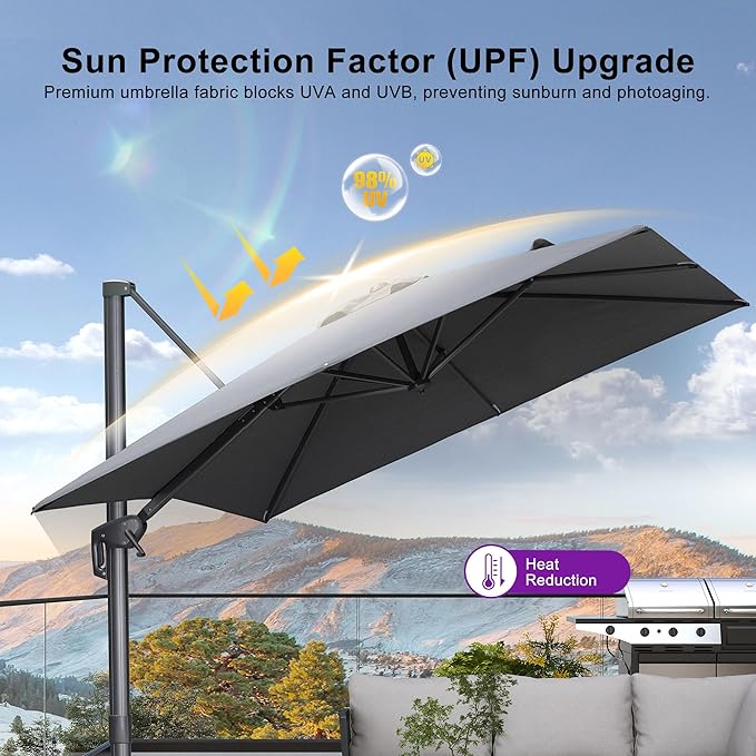 PURPLE LEAF 9' X 11.5' Rectangle Patio Umbrella Outdoor Large Aluminum Cantilever Umbrella with 3 Years Fade Resistance Recycled Fabric and 360-degree Rotation for Garden Deck Pool, Mist Grey