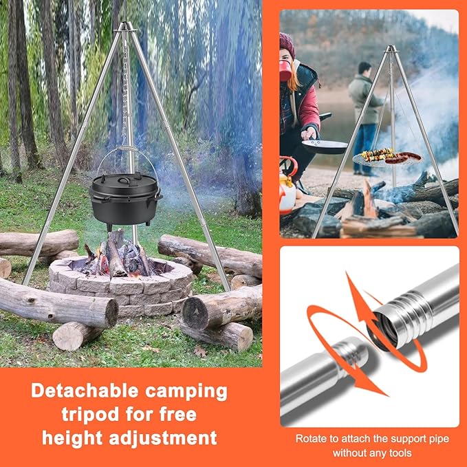 HaSteeL Camping Tripod for Outdoor, Adjustable Portable Cooking Tripod with 17”Folding Grill Grate, Stainless Steel Campfire Grill Stand Hanger for Dutch Oven Hunting Beach BBQ Fire Pit, Easy Assemble