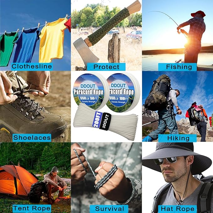 Paracord Nylon Rope 100ft White with 7-Strand Core, 10 Colors and 50/100/200 ft, Type III Parachute Cord 4mm for Camping, Survival, Hiking, DIY, Crafting, Outdoor Utility Rope