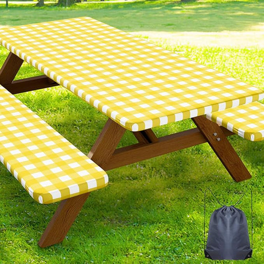 Smiry Picnic Table Cover with Bench Covers, Waterproof Elastic Fitted Tablecloths for 8 Foot Rectangle Tables, Washable Buffalo Plaid Tablecloth for Camping, Outdoor (Yellow & White, 30"x96")