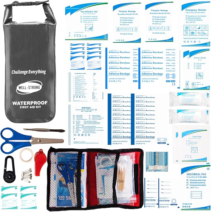 Waterproof First Aid Kit Roll Top Boat Emergency Kit with Waterproof Contents for Fishing Kayaking Boating Swimming Camping Rafting Beach Dark Grey