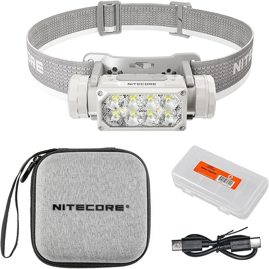 Nitecore HC65 UHE Headlamp, 2000 Lumen Max Heavy Duty Metal, USB-C Rechargeable with White, Red, and Reading Lights for Camping, Hiking, Hunting, and Industrial Works with Organizer (Grey)