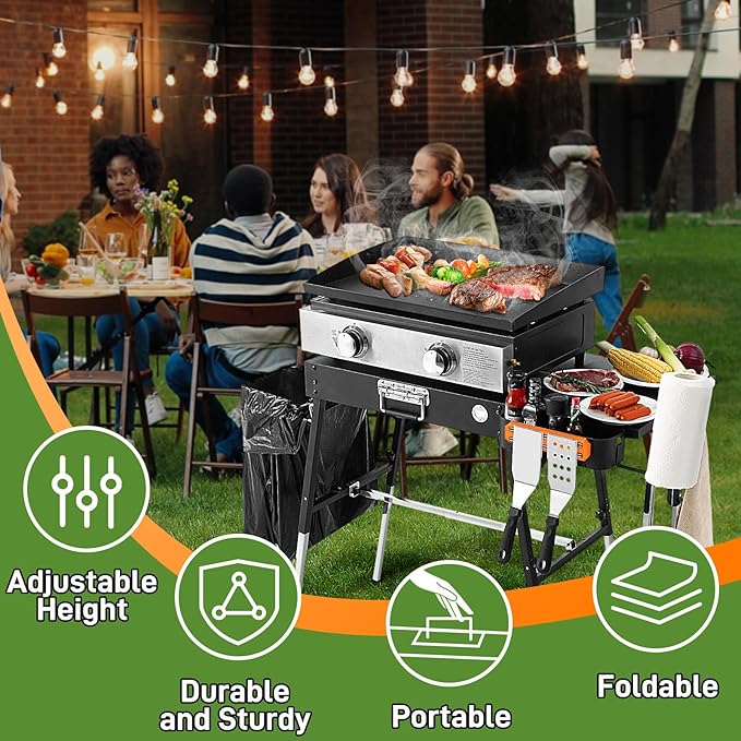 Outdoor Grill Table Blackstone Griddle Stand 17" & 22", Folding Camping Table with Side Shelf and Caddy, Ninja Grill Stand& Pizza Oven Table for Tailgating, Blackstone Griddle Accessories