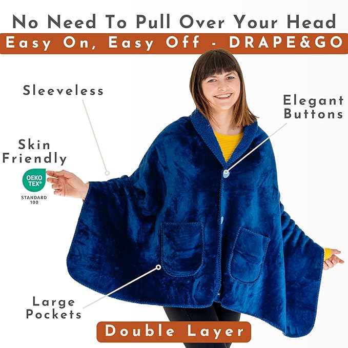 Premium Double Layer Poncho Blanket for Women -Drape and Go No Sleeves- Sherpa Fleece Shawl with Pockets - Wearable Blanket - Gifts for Her Mom and Grandma (Blue)