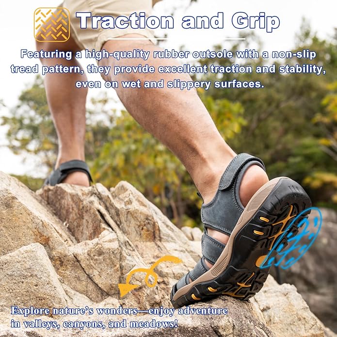 Men's Sport Sandals Closed Toe Leather Hiking Athletic Walking Outdoor Beach Trail River Fishing Water Shoes Lightweight Comfortable Waterproof
