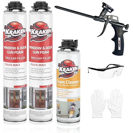 Kraken Bond Professional Expanding Foam Spray - (2x32oz) Low Expansion Polyurethane Foam Sealant Gap Filler for Holes, Gun Use, Gun&Cleaner Included - 2 Pack