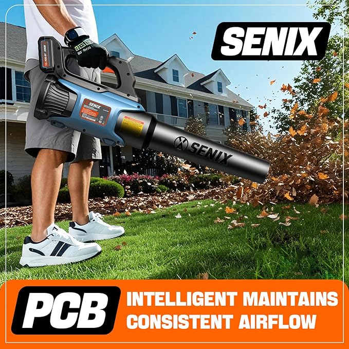 SENIX 20V Max Leaf Blower, Cordless, Brushless, Handheld, Up to 350 CFM and 80 MPH, 2 Speed Mode, Cruise Control, Lightweight, 4.0 Ah Battery and Charger Included (BLAX2-M)