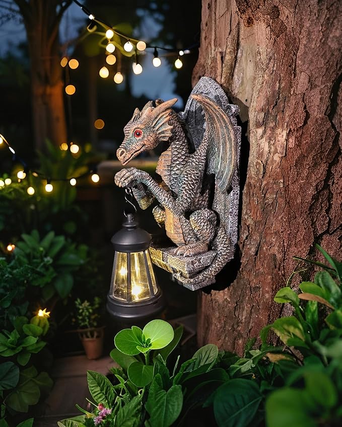 Dragon Statue Solar Lantern for Garden Décor, Dragons Figurine Night Light, 10”Outdoor Decorative Lamp, Mountable on Trees/Walls/Fences. Birthday/Housewarming Gifts for Dragon Fans (Antique Bronze)