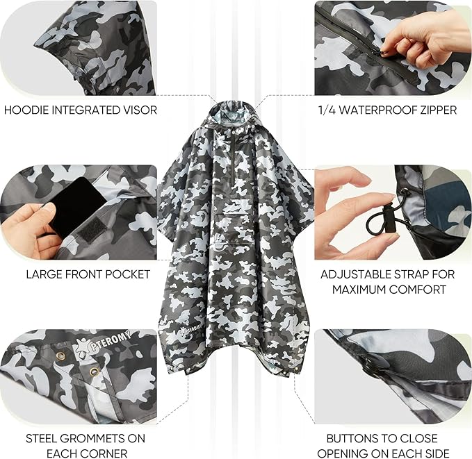 PTEROMY Hooded Rain Poncho for Adult with Pocket, Waterproof Lightweight Unisex Raincoat for Hiking Camping Emergency