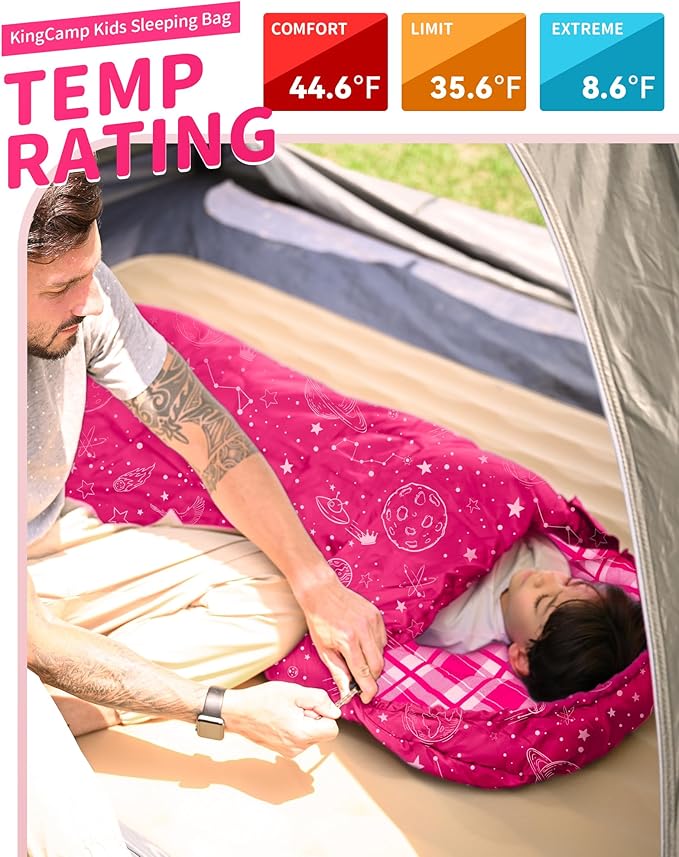 KingCamp 45° F Kids Sleeping Bag, Lightweight Waterproof & Compact Flannel Sleeping Bags Cold Weather & Warm Youth Essentials Gear Accessories for Camping, Fits 10-12 Children up to 5'5" Tall