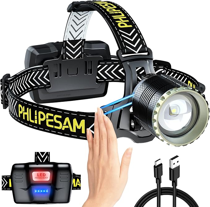 LED Rechargeable Headlamp high Lumen with Motion Sensor, Zoomable Bright Headlamp for Adults, IP68 Waterproof, 115° Adjustable Head Lights for Forehead, High Power for Camping, Hiking, Hard Hat