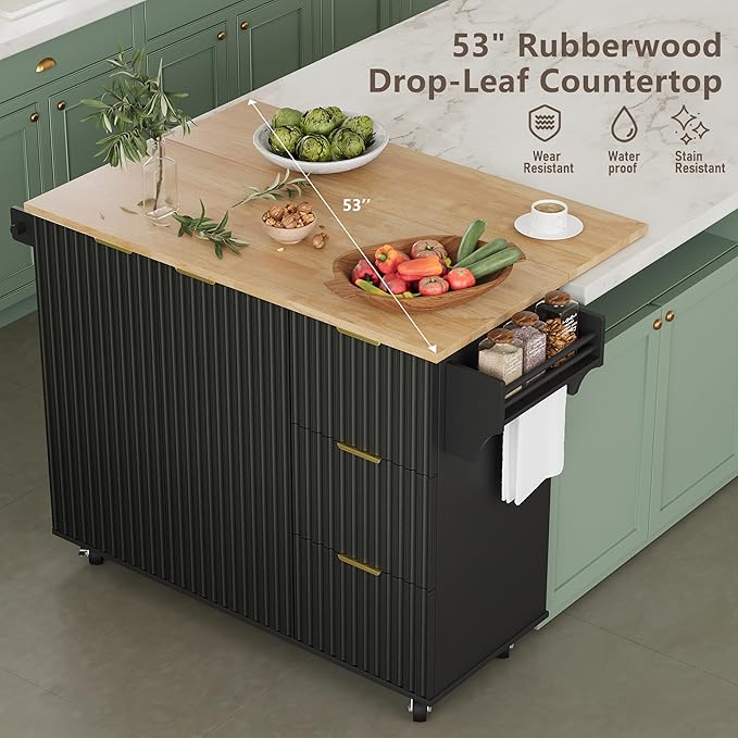 win2win Rolling Kitchen Island with Storage, Portable Kitchen Island with Drop Leaf Breakfast Bar, Modern Farmhouse Kitchens Cart on Wheels with Fluted Design, Towel Rack, Spice Rack, Black