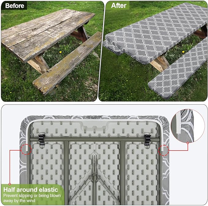 Picnic Table Cover with Bench Covers Camping Essentials Waterproof Windproof Camping Tablecloth with Drawstring Bag, Fitted Rectangle Tables and Seats, 72in, Grey