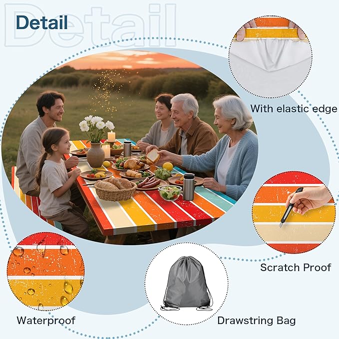 Orange Picnic Table Cover with Bench Covers, 3 Pcs Waterproof Elastic Picnic Table Cover Outdoor Camping Essentials, Windproof Fitted Tablecloth for Camping, Indoor, Outdoor (Striped, 72X30 Inch)