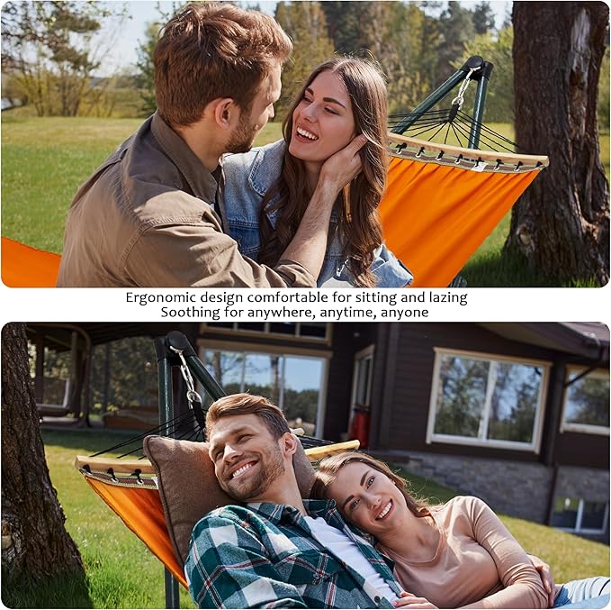Tranquillo Sturdy Steel Hammock Stand with Premium Cotton Canvas, 600 lbs Capacity Folding Hammock Stand, Portable Hammock 30-Second Fold Unfold Hammock for Camping, Orange