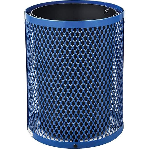 Global Industrial Outdoor Diamond Steel Trash Can with Rain Bonnet Lid and Plastic Liner, 36 Gallon Capacity, Blue, Thermoplastic Coating, 23-1/2" Diameter, 40-1/2"H