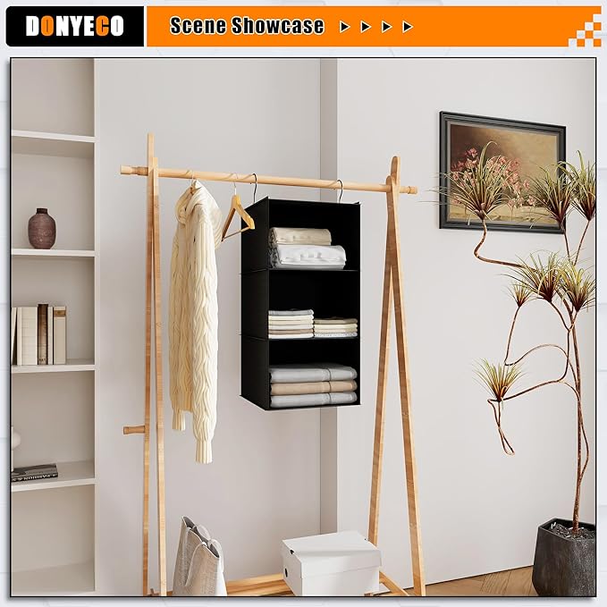 Hanging Closet Organizer - 3-Shelf, Easy Mount Foldable Wardrobe Storage Shelves for Clothes, Handbags, Shoes & Accessories - Washable Oxford Cloth Fabric, Black