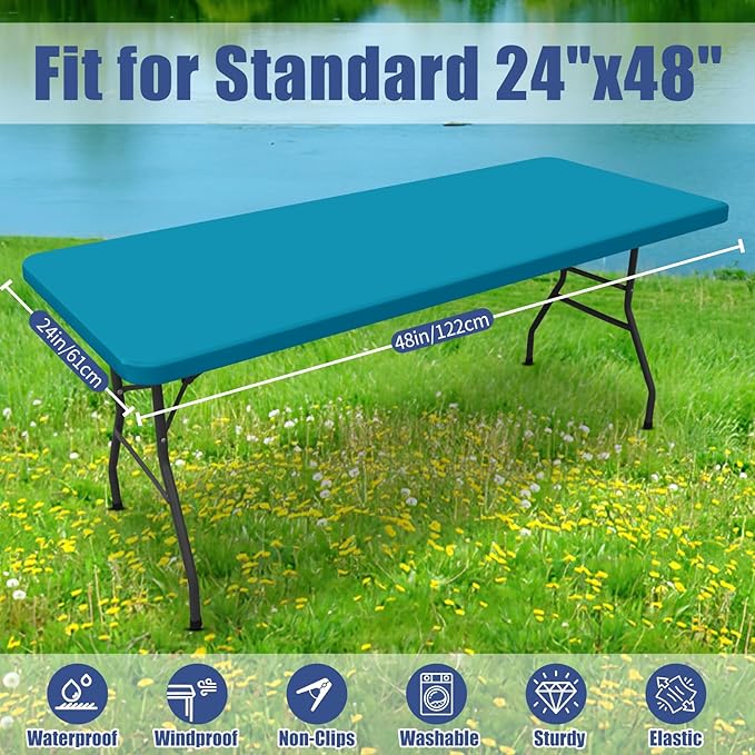 Spandex Picnic Table Cloth 2 Pack, Elastic Fitted Tablecloths for 4 Foot Rectangle Tables, Stretch Washable Patio Table Cover for Outdoor, Camping, Banquet and Parties (Teal, 24"x48")