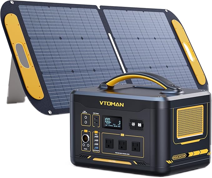 VTOMAN Jump 1500X Portable Power Station with 110W Solar Panel, 1500W/828Wh LiFePO4 Battery Solar Generator with 1500W Constant-Power, PD 100W Type-C, Capacity Expandable for Camping, Home Backup