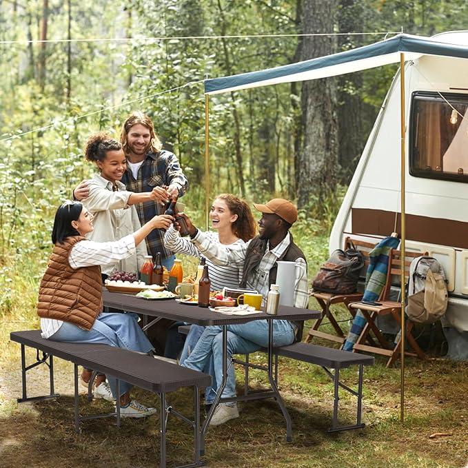 VINGLI 6 feet Plastic Folding Bench,Portable in/Outdoor Picnic Party Camping Dining Seat, Garden Soccer Multipurpose Entertaining Activities, Rattan Patterned HDPE Tabletop, 2 Pack, Brown