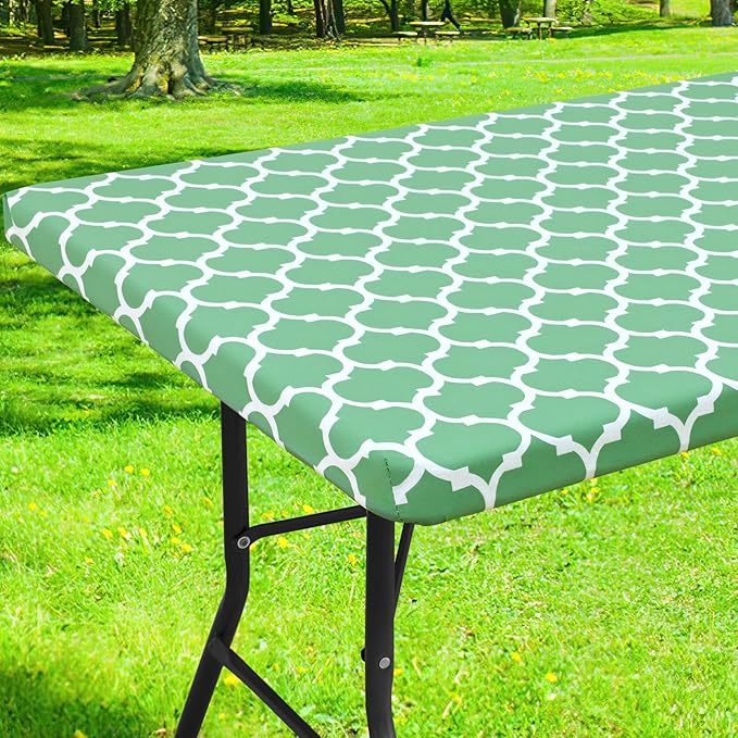 Smiry Rectangle Picnic Table Cover, Waterproof Elastic Fitted Camping Tablecloths for 5 Foot Tables, Wipeable Flannel Backed Vinyl Tablecloth Protector for Indoor, Outdoor (Sage Green, 30x60 Inches)