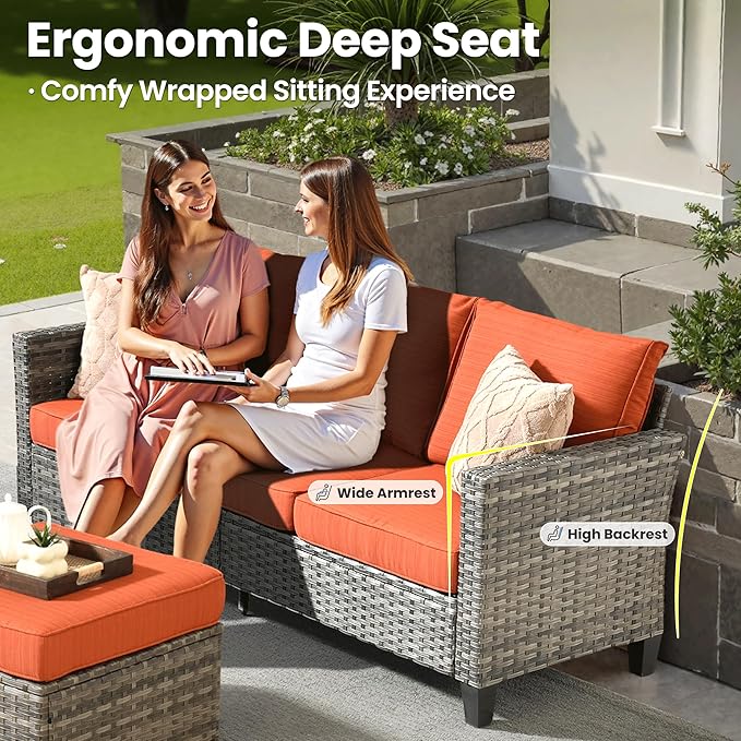 ovios 6 Pieces Patio Furniture Set with 42" Fire Pit Table, Outdoor Wicker Sofa with Comfy Cushions, All Weather High Back Rattan Couch Conversation Set, Orange Red
