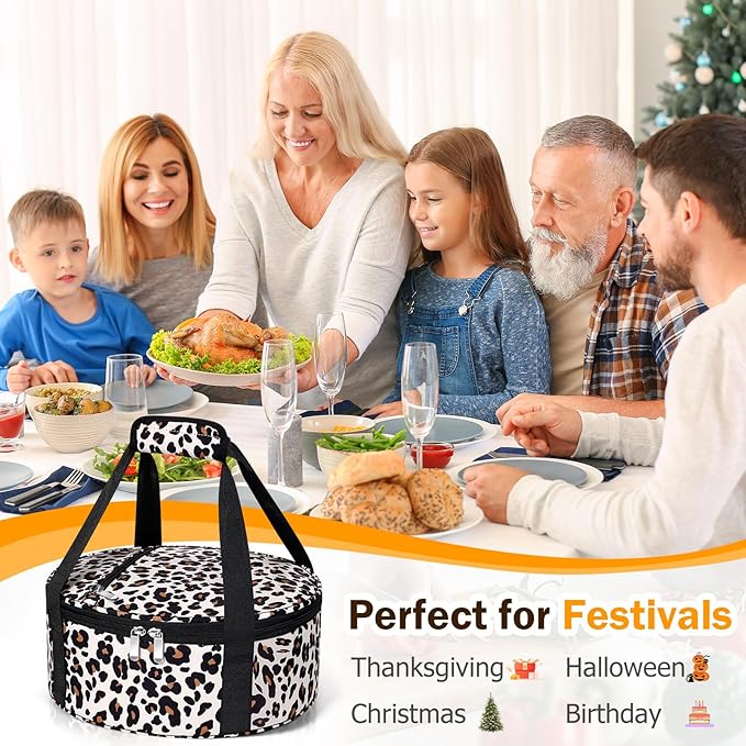 Round Insulated Casserole Carrier, Pie Carrier Bag, Portable Casserole Carrier for Hot or Cold Food Lunch Tote Warmer or Cooler Bag, Lunch Bag for Parties Picnic, Fits 12.5" Baking Dish, Leopard