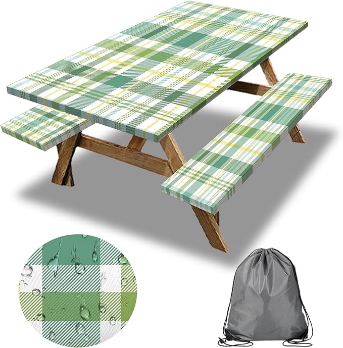 Green Picnic Table Cover with Bench Covers, 3 Pcs Waterproof Elastic Picnic Table Cover Outdoor Camping Essentials, Windproof Fitted Tablecloth for Indoor Outdoor (Plaid, 60X30 Inch)