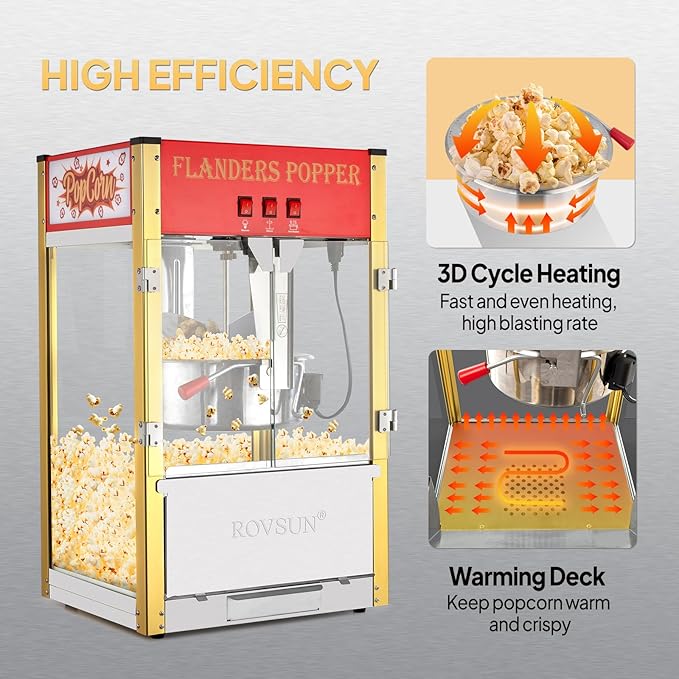 ROVSUN Popcorn Machine with 16 Ounce Kettle ETL Certified, Countertop Popcorn Maker Commercial Popcorn Machine w/Stainless Steel Scoop, Oil Spoon & 3 Popcorn Cups for Home Movie Theater, Red