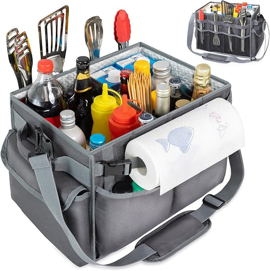 Large Grill Caddy with Paper Towel Holder – Collapsible BBQ Organizer for Camping, Tailgating, RV, Boating – Grilling Gifts for Men – Griddle Tote Bag with Shoulder Strap – Outdoor Essentials