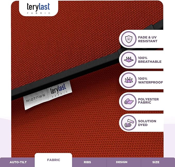 Midtown Umbrellas 10-Year-No-Fade - 6 Ft - UV Proof Red Polyester Fabric - Umbrella Outdoor Patio, Auto-Tilt Aluminum Frame Large Patio Umbrella for Garden, Pool & Deck - Black Pole