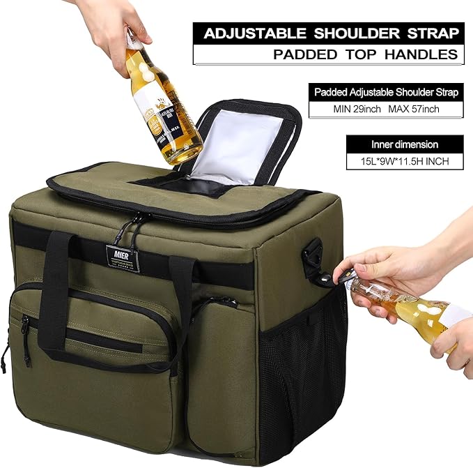 MIER 30L Extra Large Soft Cooler Bag with Bottle Opener for Camping Beach BBQ Grocery Golf Leakproof Picnic Lunch Bag, Collapsible, Top Flip Lid, 45Can (Dark Green)