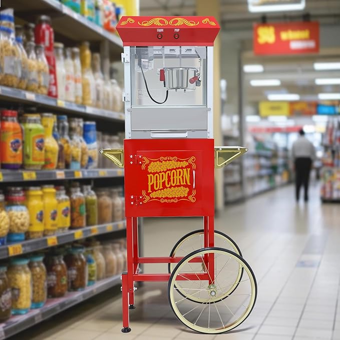 Popcorn Maker Machine - Professional Cart With 8 Oz Kettle Makes Up to 48 Cups, Stainless Steel Vintage Commercial Popcorn Machine Movie Theater Style (Red)