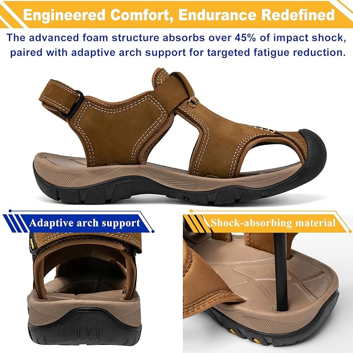 Men's Sport Sandals Closed Toe Leather Hiking Athletic Walking Outdoor Beach Trail River Fishing Water Shoes Lightweight Comfortable Waterproof