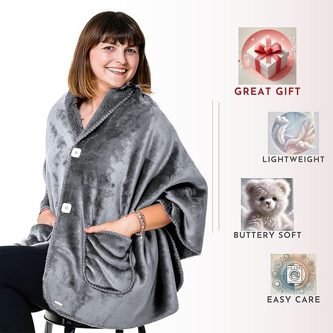 Fleece Poncho Blanket -Drape and Go No Sleeves- Lightweight Warm Wrap Shawl - Wearable Blanket - Lap Blanket - Gift for Grandma and Mom (100% Fleece, Silver Grey)