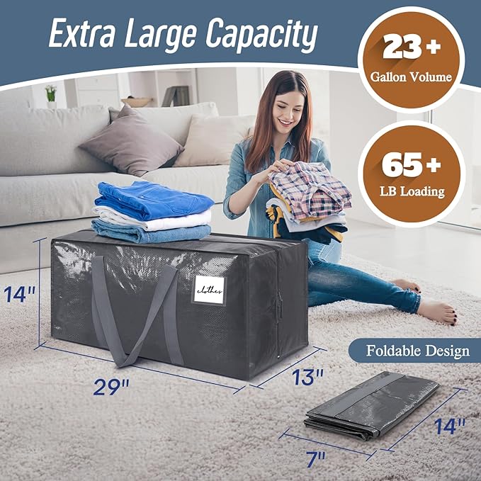 6 Pack Extra Heavy Duty Large Moving Bags with Strong Zipper & Comfortable Handles, Sturdy & Durable Clothes Storage Bags Totes Bins, Packing Moving Boxes for College Supplies, Gray