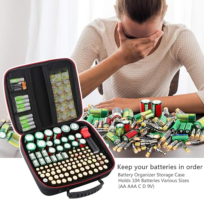 Battery Organizer Storage Case Box with Tester BT168 -for All Types Batteries Container, Fireproof & Waterproof Battery Keeper Caddy for Home Drawer, Small Cases Holder for AA AAA C D 9V (Holds 104＋)